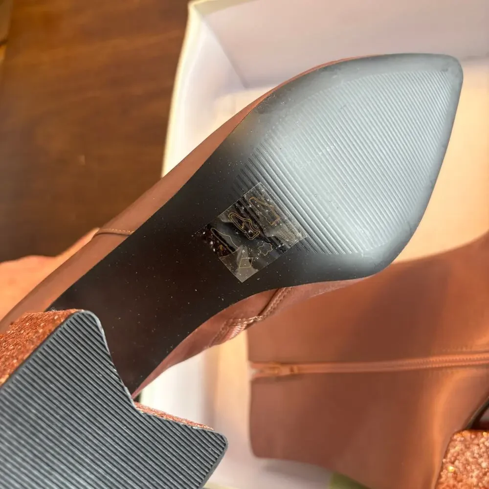 Shellys London Hugsy Satin Boots 8.5 NWT Tan Ankle Heel Glam Sequin Glitter